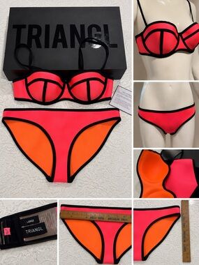 👙 TRIANGL Neon Pink & Orange Neoprene Bikini Set Size Large